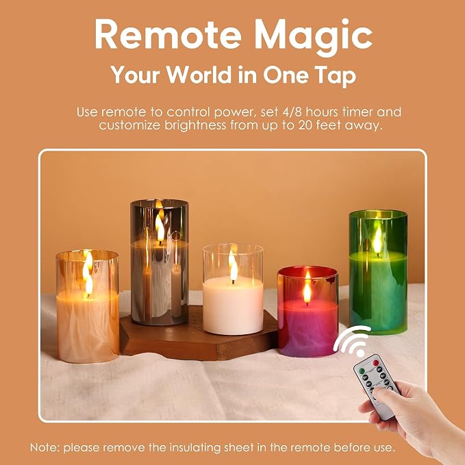 Smoke Grey Glass Flameless Pillar Candles with Remote, Flickering LED Battery Candles Table Decor Set of 3