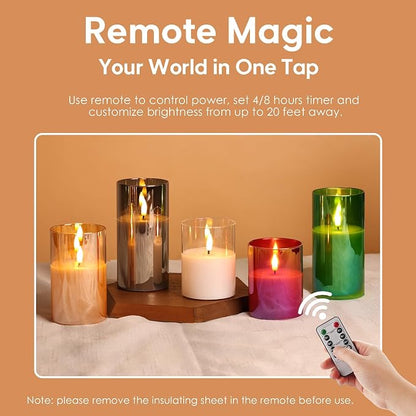 Smoke Grey Glass Flameless Pillar Candles with Remote, Flickering LED Battery Candles Table Decor Set of 3