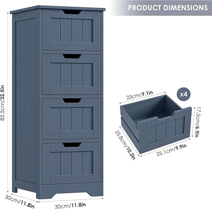 FOTOSOK Bathroom Storage Cabinet, Bathroom Cabinet with 4 Drawers, 11.8” x 11.8” x 32.5” Freestanding Entryway Cupboard Storage Organizer Unit Home Furniture Decor, Blue