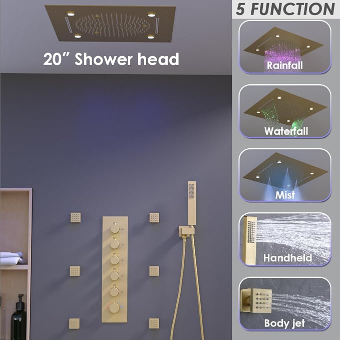 Enga Thermostatic Shower System with Body Jets, 20-Inch LED Rainfall Mist Waterfall Luxury Multi Function Rain Shower Faucet Set, All Functions Can Operate Simultaneously, Brushed Gold
