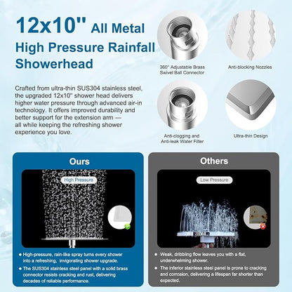 Hibbent All Metal 12" High Pressure Rain Shower Head Combo, Chrome | cUPC Certified Rainfall Shower Head with handheld 10 Sprays, 16'' Adjustable Extension Arm, 71'' Hose, Showerhead Holder