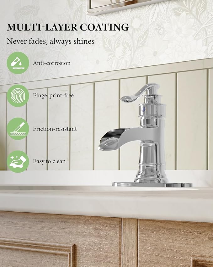 Bathroom Faucet Chrome Waterfall Bathroom Sink Faucets with Single Handle | Rustic Vanity Farmhouse RV Faucet Suitable for 1 or 3 Holes with Pop-up Drain Deck Plate Hose by Homevacious