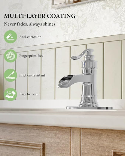 Bathroom Faucet Chrome Waterfall Bathroom Sink Faucets with Single Handle | Rustic Vanity Farmhouse RV Faucet Suitable for 1 or 3 Holes with Pop-up Drain Deck Plate Hose by Homevacious