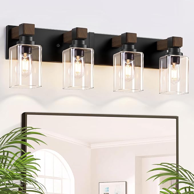 Farmhouse Black 4-Light Bathroom Vanity Light, Square Glass Shade | Vintage Rustic Design, Wood Grain Finish, Matte Black Metal, Wall Mount Over Mirror Lighting Fixtures for Bathroom Restroom