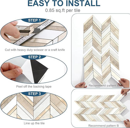 Yipscazo 10-Sheet Herringbone Backsplash Peel and Stick Tile, Beige Mixed Gray Stone Mixed Metal Gold PVC Stick on Backsplash for Kitchen, Waterproof Self Adhesive Wall Tiles for Bathroom