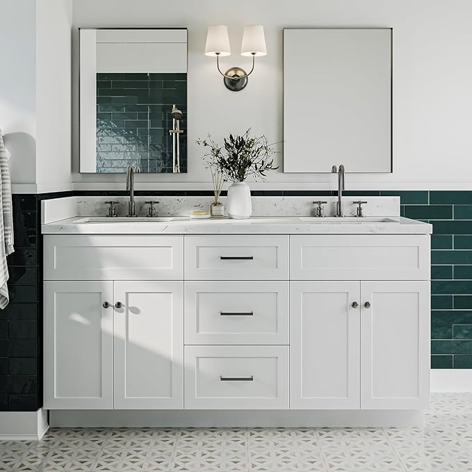 ARIEL Hamlet 66-inch Bathroom Vanity with Sink,Solid Wood, 1.5-inch Carrara White Quartz Countertop & Backsplash, Double Rectangular Porcelain Sink, 4 Soft Closing Doors, 3 Dovetail Drawers, White