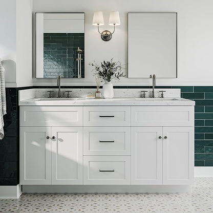ARIEL Hamlet 66-inch Bathroom Vanity with Sink,Solid Wood, 1.5-inch Carrara White Quartz Countertop & Backsplash, Double Rectangular Porcelain Sink, 4 Soft Closing Doors, 3 Dovetail Drawers, White