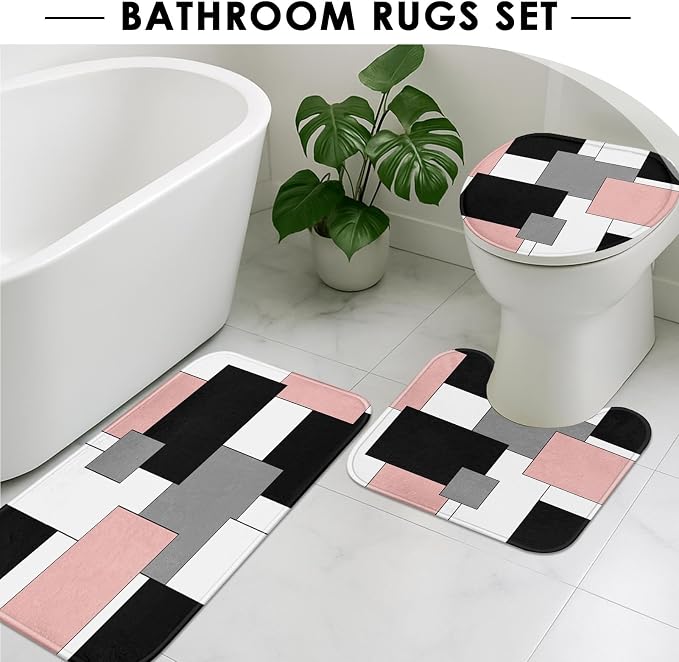 Bathroom Sets with Shower Curtain and Rugs, 4 Pcs, Geometric Pink | Checkered Modern Abstract Bathroom Decor Set with Toilet Lid Cover, Non-Slip Bath Mats and 12 Hooks