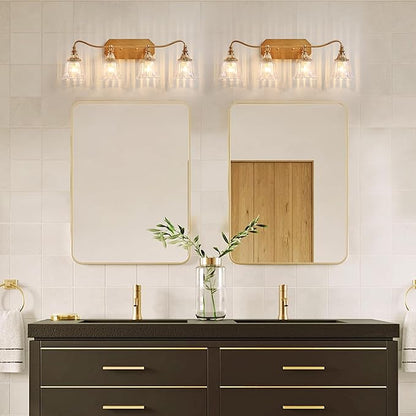 Bathroom Vanity Gold Light Fixture, 4 Lights Bathroom Lighting Matte Antique Brass Finish with Crystal Glass Shade, Gold Vintage Vanity Light for Bathrooms