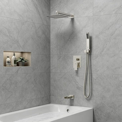 SR SUN RISE 8 Inch All Metal Square Shower System with Tub Spout, Tub Shower Faucet Set, High Pressure Rain Shower Head and Handheld Sprayer Shower Fixtues, Valve Included, Brushed Nickel
