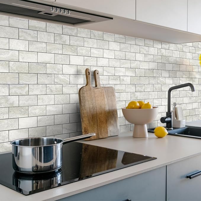 STICKGOO 20-Sheet Subway Tile Peel and Stick Backsplash - Beige Stone Texture With Grey Grout for Kitchen, Bathroom, RV, Fireplace - PVC Wall Tiles