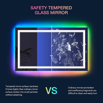 88x38 Inch RGB LED Bathroom Mirror with Lights | Front and RGB Backlit, Dimmable, Memory, Anti Fog, Shatterproof, Horizontal/Vertical, Lighted Mirrors for Bathroom Wall