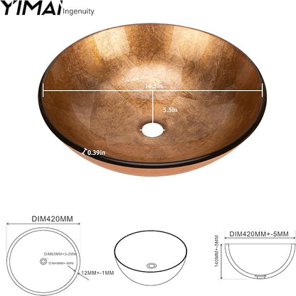 YIMAI 16" Gold Glass Vessel Sink Tempered Glass Above-Counter Bathroom Sink Bowl, Countertop Vanity Basin with Matching Faucet & Pop-Up Drain Included, Easy Install for Master or Powder Room