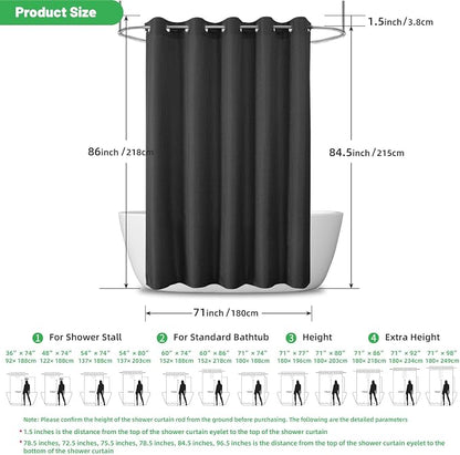 No Hook long Waffle Shower Curtain, No Liner Needed, 71x86 Inch, Black | 100% waterproof TPU-laminated backing, magnetic weighted hem, machine washable, shower curtain set for bathroom or hotel use