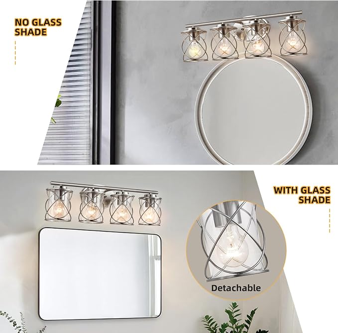 4-Lights Bathroom Vanity Lights, Bathroom Light Fixtures Over Mirror, Brushed Nickel Vanity Light, Farmhouse Wall Lights with Clear Glass Shade, Bathroom Wall Lamp for Mirror Kitchen Bedroom