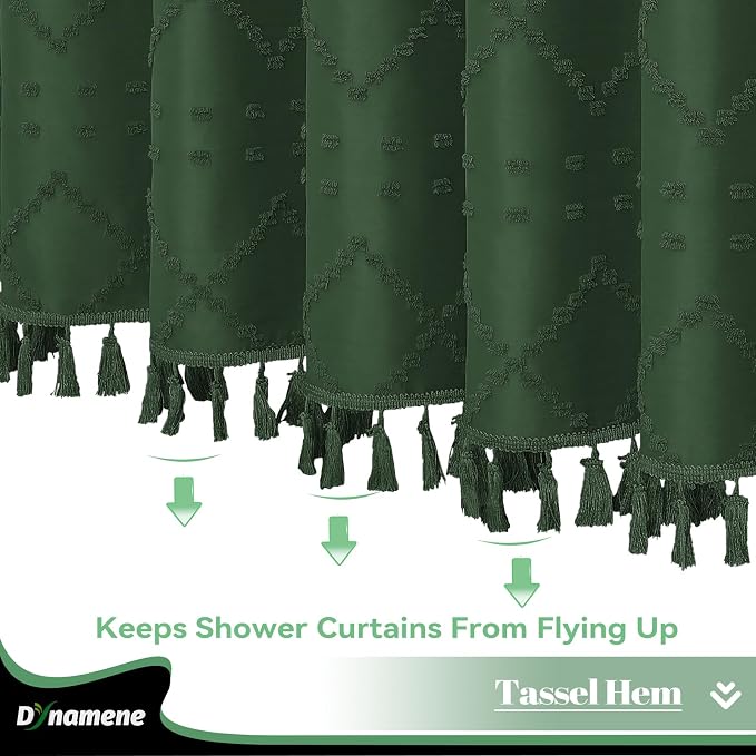 Long Boho Shower Curtain Tufted Geometric 72"x78" Dark Green | 78 Inch Tall, Elegant Tassel, Lightweight Textured Fabric, Water Repellent, Washable, Hotel Spa, for Bathroom/Dorm 12 Hooks