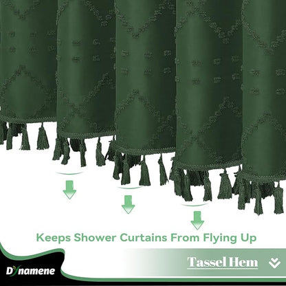 Long Boho Shower Curtain Tufted Geometric 72"x78" Dark Green | 78 Inch Tall, Elegant Tassel, Lightweight Textured Fabric, Water Repellent, Washable, Hotel Spa, for Bathroom/Dorm 12 Hooks
