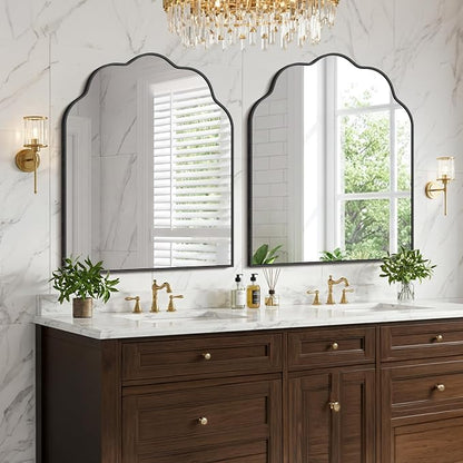 Arched Scalloped Mirror, 30×36Inch Black Bathroom Mirror, Wavy Wall Mounted Vanity Mirror Decor with Aluminum Alloy Frame for Livingroom Bedroom and Entryway, Tempered Glass