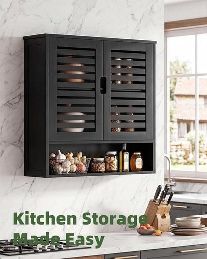 SMIBUY Bathroom Cabinet Wall Mounted, Bamboo Over-The-Toilet Storage Organizer, Space Saver Medicine Cabinet with 2 Door and Adjustable Shelves (Black)