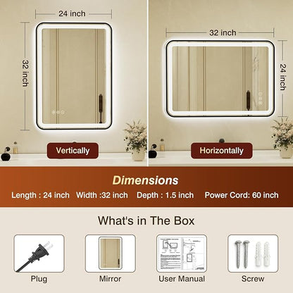 24x32 Inch Black Framed LED Bathroom Mirror with Lights, Built-in Bluetooth Speaker, Dimmable Lighted Bathroom Vanity Mirror with 3 Colors, Backlit + Frontlit, Memory, Anti-Fog