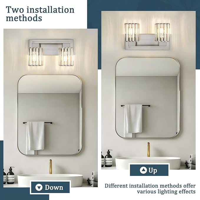 Brushed Nickel Bathroom Light Fixtures, 2-Light Vanity Light Over Mirror | Wall Sconces with Square Crystal Shades, E26 Socket, Modern Vanity Lights for Bathroom (Bulbs Not Included)