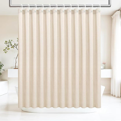 Ga-Geetopia Extra Long Linen Textured Shower Curtain Set with Hooks, Beige Boho Farmhouse Bath Shower Curtains for Bathroom Neutral Cloth, Hotel Luxury, Weighted, 72W x 80L, Cream