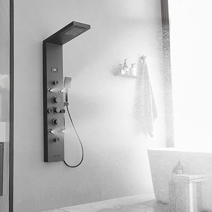 Stainless Steel Shower Panel Tower System Rain Massage System 6 IN 1 Body Spray Jets Shower Wall Panels Rainfall Waterfall Shower Head Tub Spout with Temperature Display,Matte Black