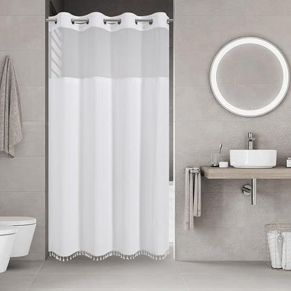 eachope No Hook Stall Shower Curtain with Snap-in Fabric Liner - 54x80 Heavy-Duty Linen Textured Striped Design,Narrow Rustic Modern Farmhouse Bohemian Bathroom Curtain,Water-Repellent,White | 330GSM Heavy-Duty Linen Textured Striped Design,Narrow Rust...