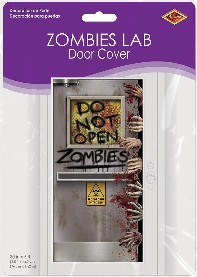 Beistle Zombie Lab Door Covers, 5’ x 30”, 2 Pieces – Plastic for Indoor & Outdoor Use – Easily Display – Halloween Decorations, Horror Front Door Cover, Scary Haunted Decor