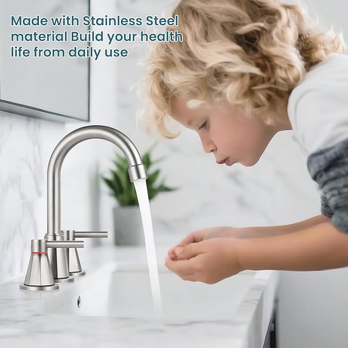Bathroom Faucet 3 Hole, Brushed Nickel Bathroom Sink Faucet with 360°Swivel Spout, 8 inch Widespread 2 Handle Faucet for Bathroom Sink Vanity RV with Pop-up Drain Supply Line Stainless Steel