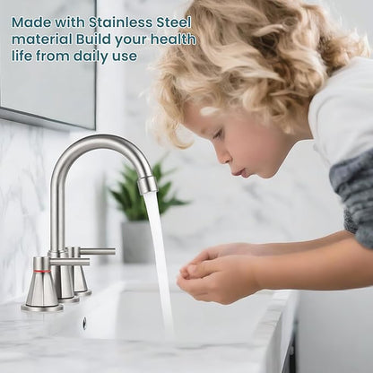 Bathroom Faucet 3 Hole, Brushed Nickel Bathroom Sink Faucet with 360°Swivel Spout, 8 inch Widespread 2 Handle Faucet for Bathroom Sink Vanity RV with Pop-up Drain Supply Line Stainless Steel