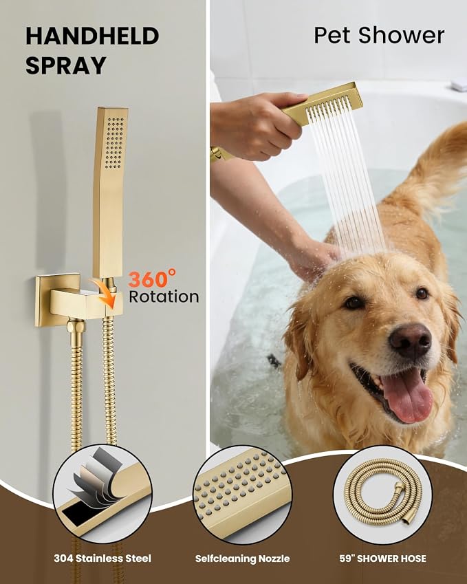 gotonovo Tub Shower Faucet Set with Valve 12'' Rain Head,Brushed Gold | Waterfall Tub Spout Shower System,Bathtub Faucet Set,SUS304 Rain Head with Handheld,Brass Valve Trim Kit,All Metal,Wall Mount