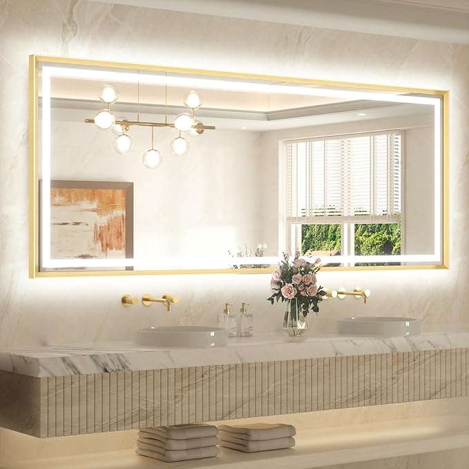 84 x 36 Bathroom LED Mirror Brushed Gold Metal Frame Frontlit & Backlit Vanity Mirror Anti-Fog Stepless Dimmable 3 Colors White/Warm/Natural Wall-Mounted
