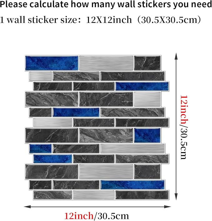 Alwayspon 10 Sheets 12" x12inch Blue Marble Effect Vinyl Tiles, Backsplash, Self-Adhesive Peel and Stick Wall Tile Stickers, Stick on Subway Tiles for Kitchen Bathroom Wall Decor