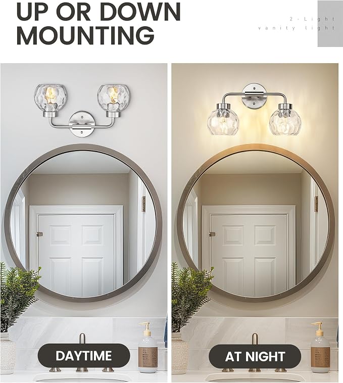 zeyu 16-Inch 2-Light Bathroom Lighting Over Mirror Fixture, ZS62BG-2W BN-WG | Compact Nickel Bathroom Light, 16-Inch 2-Light Design, Water Ripple Globe Glass, Hardwired, Up/Down Mount, ETL Listed