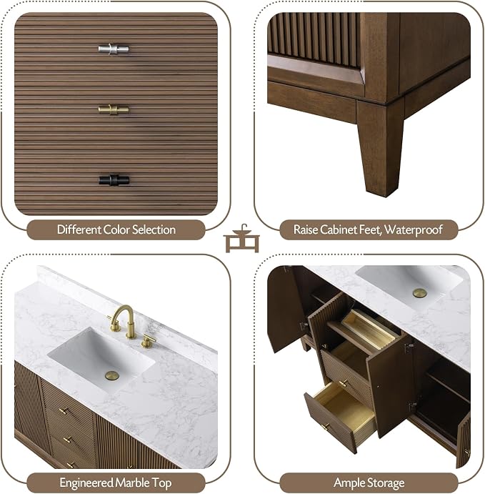 Vanity Art 60" Bathroom Vanity with Single Sink & Arabescato White Engineered Stone Top, Vanity Cabinet with Soft Closing Door, Solid Wood Frame, Golden Brushed Handles, Walnut VA8160S-Walnut-GB