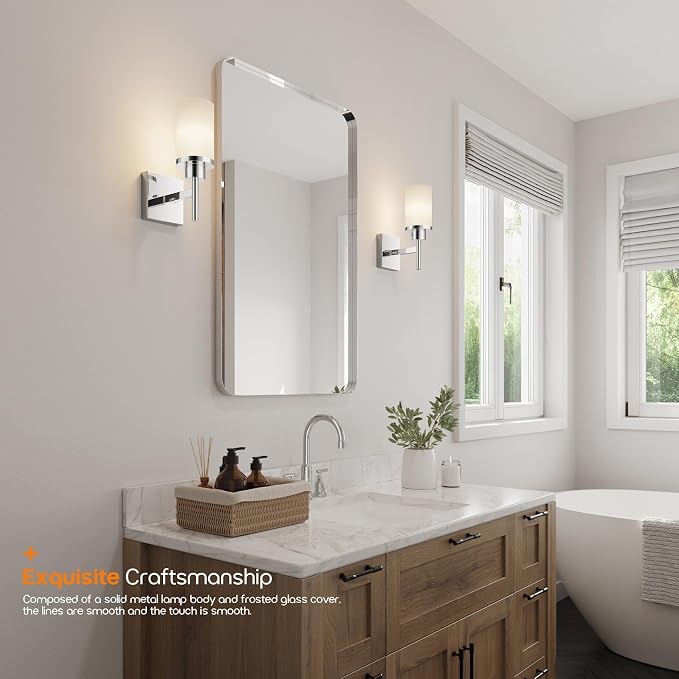 Vanity Lights Polished Chrome Bathroom Light Fixtures with White Frosted Glass Shade, Wall Sconce for Mirror Hallway Entrance Porch T001CH-L1