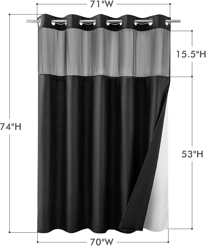 No Hook Black Shower Curtain with Snap-in Fabric Liner 71x74 | Embossed Waffle-Look Textured, Sheer Window, Soft & Lightweight, Water Repellent Fabric Shower Curtain for Bathroom