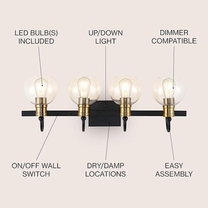 JONATHAN Y 29.75" Black/Brass Gold Vintage Wall Sconce, LED Vanity Light for Bathroom Bedroom Entryway, Clear Glass Globe Shade, Modern Industrial Arched Lamp, LED Bulb Included (JYL3529A)