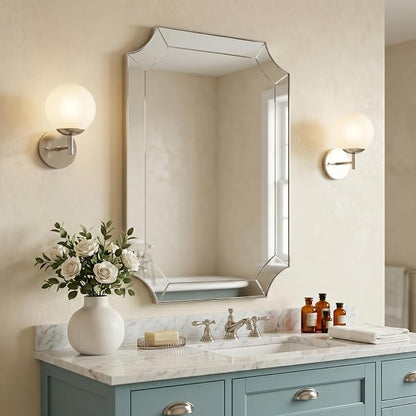 Chrome Bathroom Mirror, 24x36 Inch Polished Chrome Rectangle Mirror, Silver Vanity Mirror for Bathroom with Unique Scalloped Design, Ideal for Home Decor, Rust-Proof SUS304 Frame