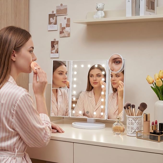 HUONUL 2X/3X/10X Magnifying Vanity Mirror with Light, Trifold Makeup Mirror | Touch Dimming, Dual Power, Clear View for Makeup, Skincare. Dorm Room Essentials. Birthday Gifts for Women, Mom, Wife, Girls