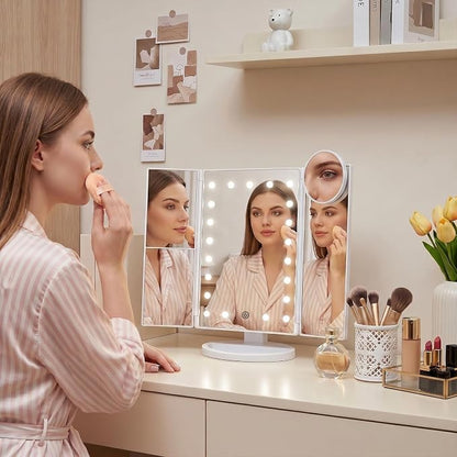 HUONUL 2X/3X/10X Magnifying Vanity Mirror with Light, Trifold Makeup Mirror | Touch Dimming, Dual Power, Clear View for Makeup, Skincare. Dorm Room Essentials. Birthday Gifts for Women, Mom, Wife, Girls
