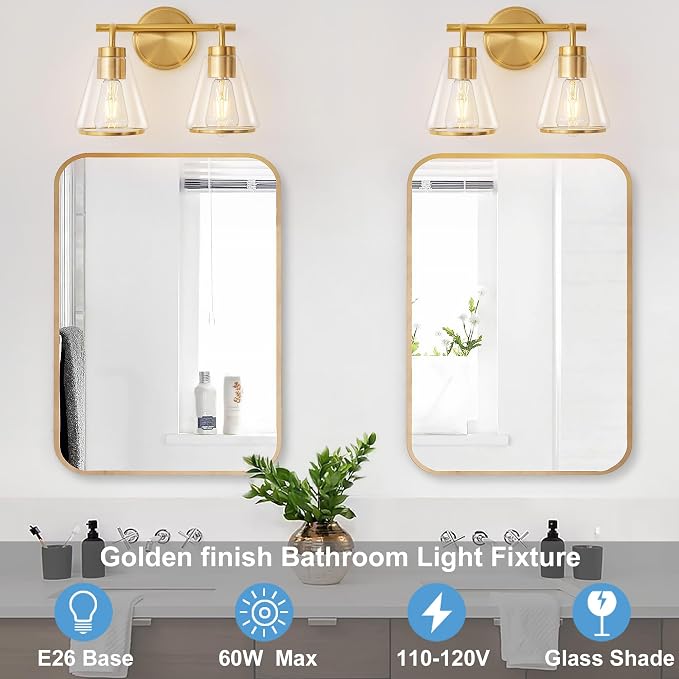 14" 2-Light Brushed Gold Modern Bathroom Vanity Light Fixtures Over Mirror | Clear Glass Shade, Heat-Resistant Ceramic E26 Socket, Wall Sconces, Rustproof, Fit 16–22 Inch Mirrors for Vanity Table
