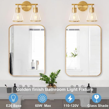 14" 2-Light Brushed Gold Modern Bathroom Vanity Light Fixtures Over Mirror | Clear Glass Shade, Heat-Resistant Ceramic E26 Socket, Wall Sconces, Rustproof, Fit 16–22 Inch Mirrors for Vanity Table