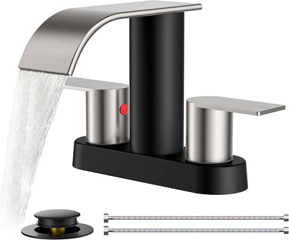 FORIOUS Bathroom Faucet 4 Inch Centerset 2 Hole Black and Brushed Nickel | Waterfall Bathroom Sink Faucet 2 Handles with Pop up Drain and cUPC Hose, Lead-Free, Suitable for RV Vanity Lavatory Restroom