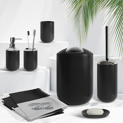 Clara Clark Bathroom Accessories Set - Black Shower Curtain Set with Bathroom Trash Can, 23PC Bathroom Set, Bathroom Sets with Shower Curtain and Red Rugs
