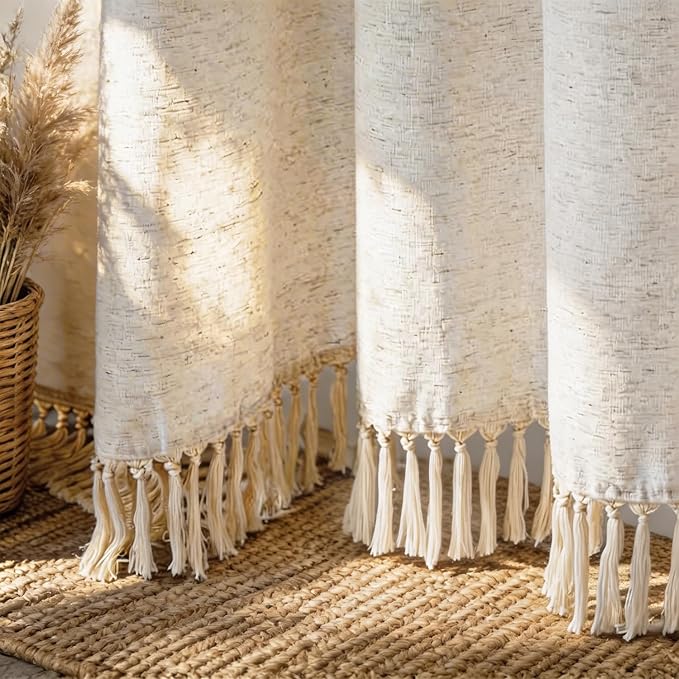 Tassel Linen Shower Curtain Flax Cream, Fabric Boho Farmhouse Shower Curtains for Bathroom Cotton Natural Cloth Liner Set 72" W x 72" L