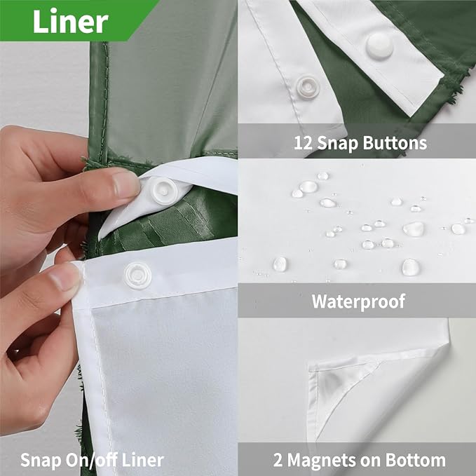 No Hook Shower Curtain and Liner Set,No Hook Tufted Striped Textured Shower Curtain with Snap in Liner Replacement and Waterproof Fabric,Boho Style with See Through Top Window,DarkGreen,71Wx86H