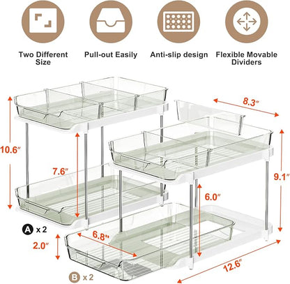 Delamu 2-Tier Multi-Purpose Bathroom Under Sink Organizers and Storage, Stackable Kitchen Pantry Organization, Pull Out Medicine Cabinet Organizer with Movable Dividers, Light Green, 4 Pack