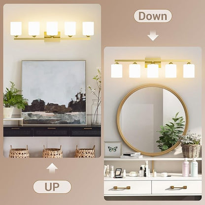 Quntis Gold Bathroom Light Fixtures Over Mirror 5 Colors Adjustable, 5-Light LED Bathroom Vanity Lighting with Milky White Frosted Glass Shade, Vanity Energy-Saving LED 35.8 inch